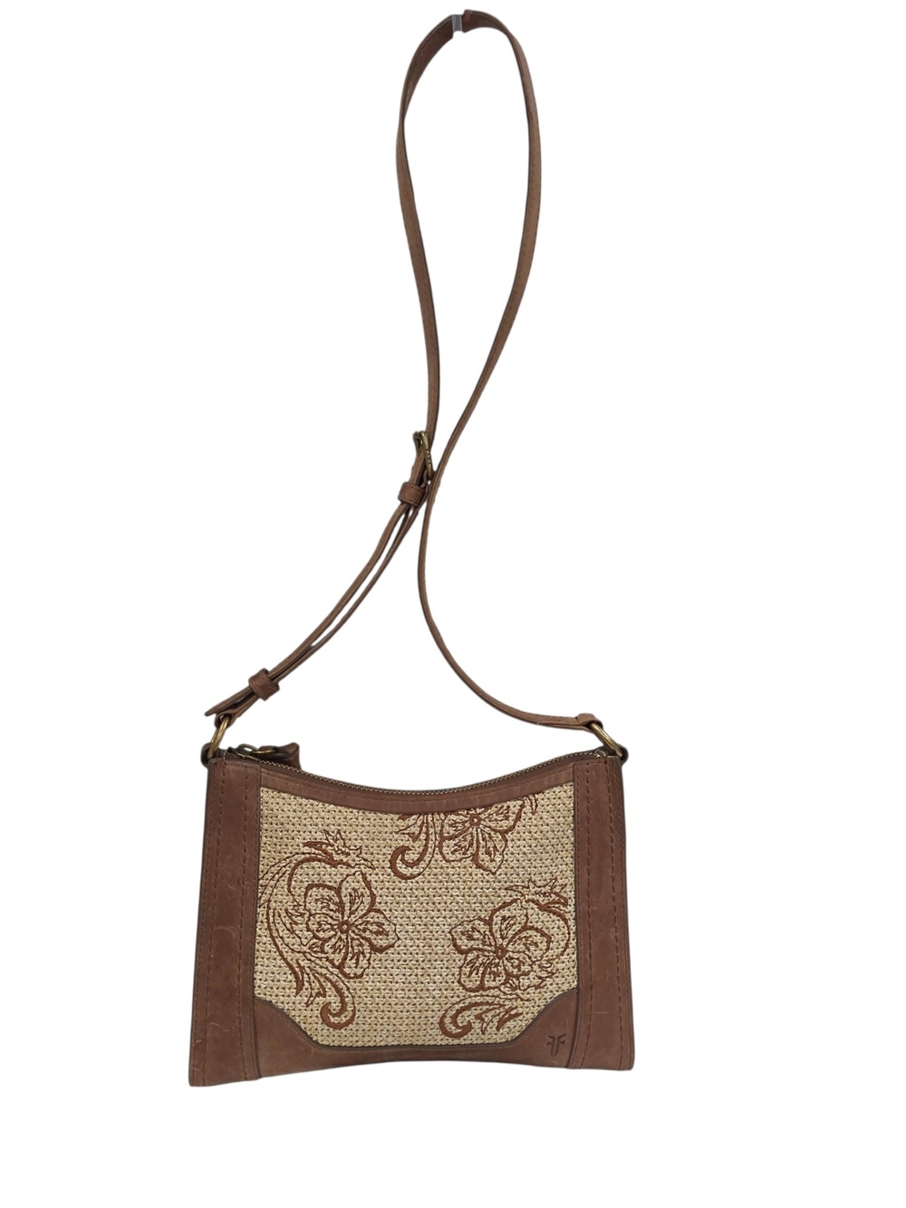 FRYE LEATHER MELISSA RAFFIA FLORAL CROSSBODY BAG